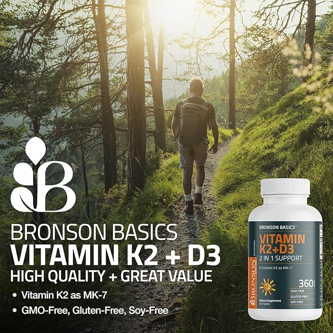 Bronson Vitamin K2 D3 (MK7) Supplement Non-GMO Formula Vitamin D3 5000IU (125 mcg) & 90 mcg K2 MK-7, Easy to Swallow D & K Complex, 200 Tablets