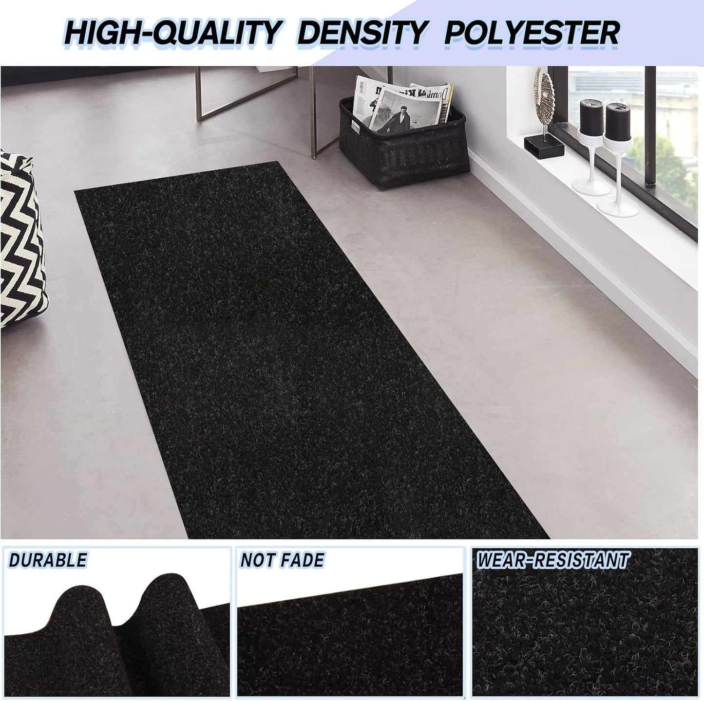Custom Size Backed Non-Slip Area Rugs Runner, Easy Clean, Waterproof Runner Rugs for Hallway Entryway, Kitchen, Laundry, 3FT x 57FT, Black