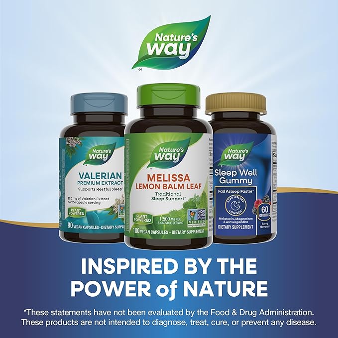 Nature's Way Melissa Lemon Balm Leaf, Traditional Sleep Support*, 1,500 mg per 3-Capsule Serving, Non-GMO Project Verified, 100 Vegan Capsules (Packaging May Vary)