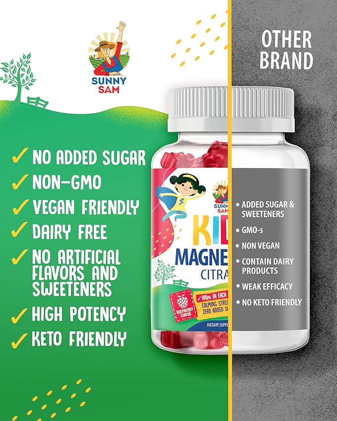 SUNNY SAM Magnesium Gummies for Kids and Magnesium Gummies for Kids & Adults - 100mg - Calm Magnesium Chews - Magnesium Citrate Chewable Supplement for Mood & Muscle Support