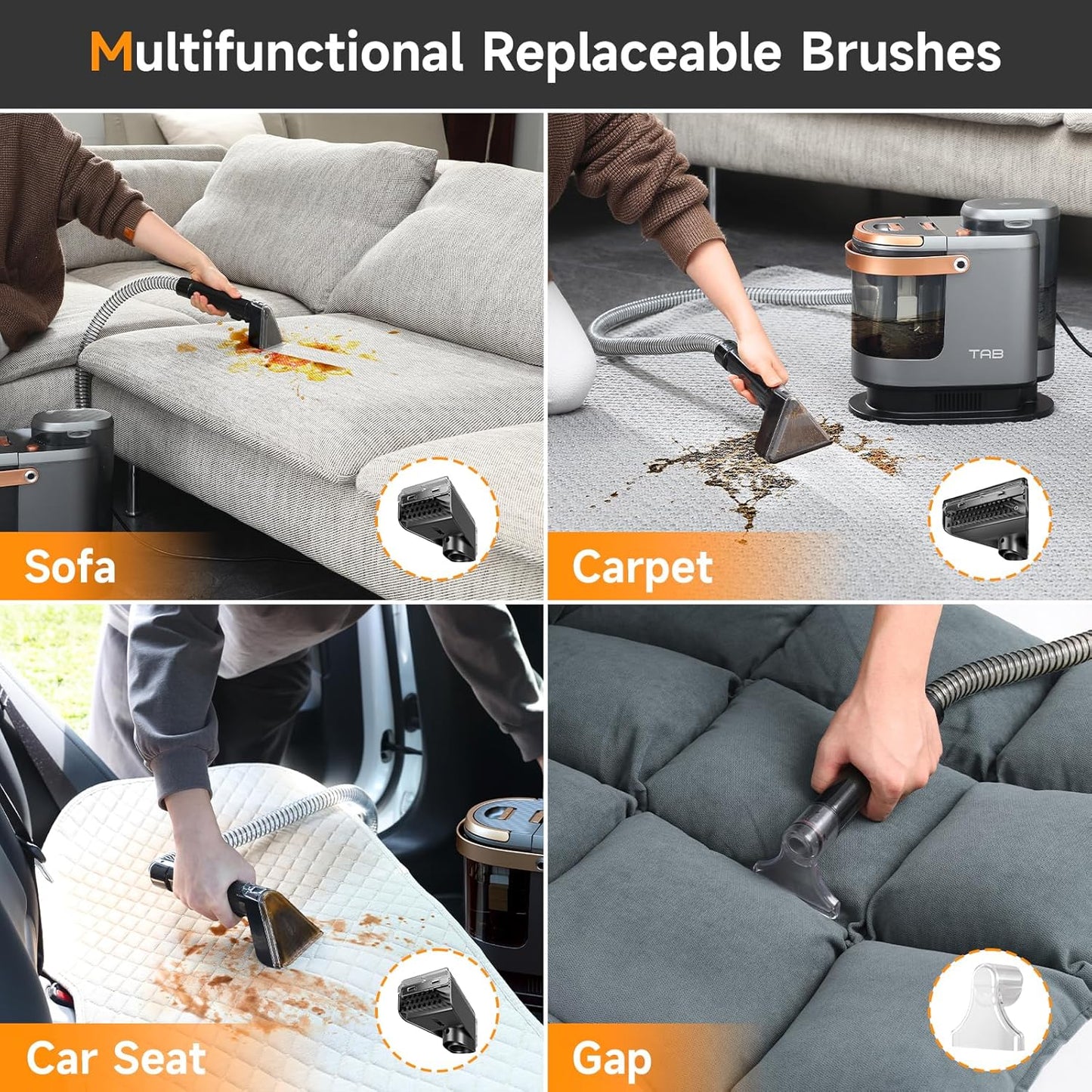 TAB Carpet Cleaner Machine, 18KPa Portable Upholstery Spot Cleaner Shampooer Machine, Powerful Deep Stain Remover, Deep Cleaner for Pets, Stairs,Car Seat and Couch, Self-Cleaning, R3