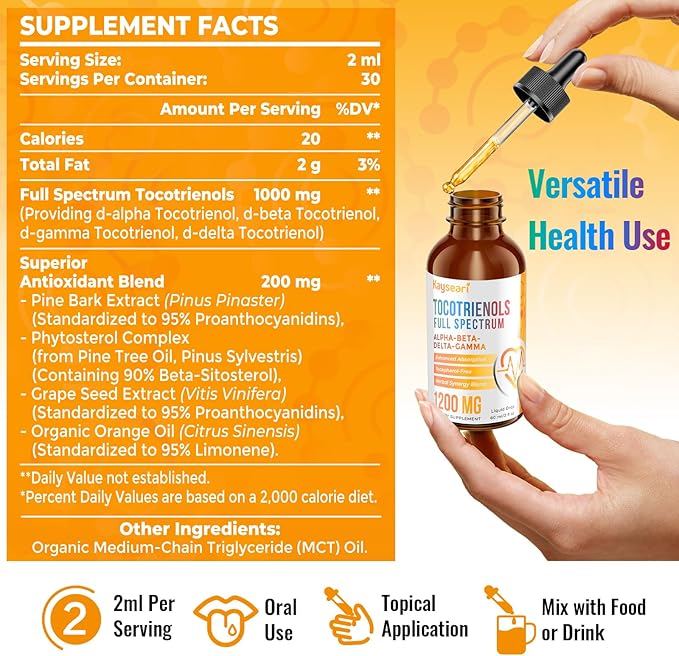 Full Spectrum of Tocotrienols Supplement 1200mg- Tocotrienol Vitamin E Liquid,Tocopherol-Free - Superior Antioxidant Blend - Higher Absorption - 2 fl oz,30 Servings