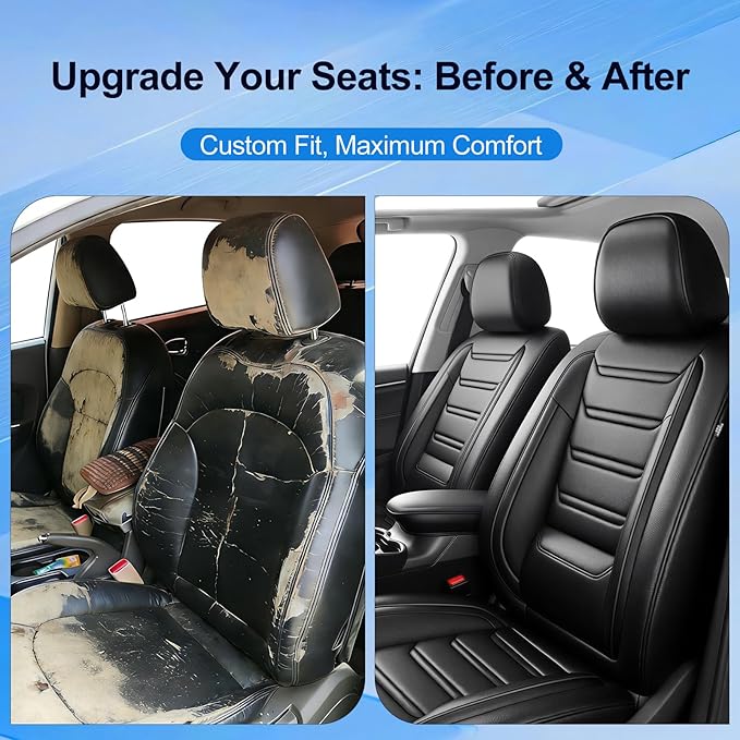 Fit RAV4 Car Seat Covers (Front Pair) for Select Toyota RAV 4 2013-2025 2026 /RAV4 Hybrid - Premium Full Coverage Leather, Airbag Compatible, Waterproof & All Weather Seat Protector, Black