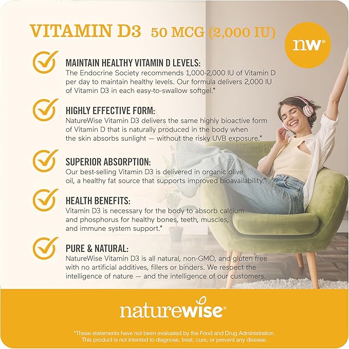 NatureWise Vitamin D3 2000iu (50 mcg) 30-Day Supply for Immune Support, Healthy Muscle Function, and Bone Health - Non-GMO, Gluten Free in Organic Extra Virgin Olive Oil, (Mini Softgel), 30 Count
