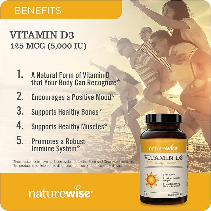 NatureWise Vitamin D3 5000iu (125 mcg) 90-Day Supply for Immune Support, Healthy Muscle Function, and Bone Health - Non-GMO, Gluten-Free in Organic Extra Virgin Olive Oil, (Mini Softgel), 90 Count