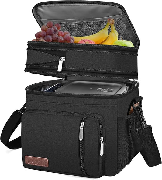 MIYCOO Lunch Bag & Lunch Box for Men Women, Double Deck Leakproof Insulated Soft Large Adult Camping Cooler bag for Work, Beach, Picnic, Travel (Black, 15L)
