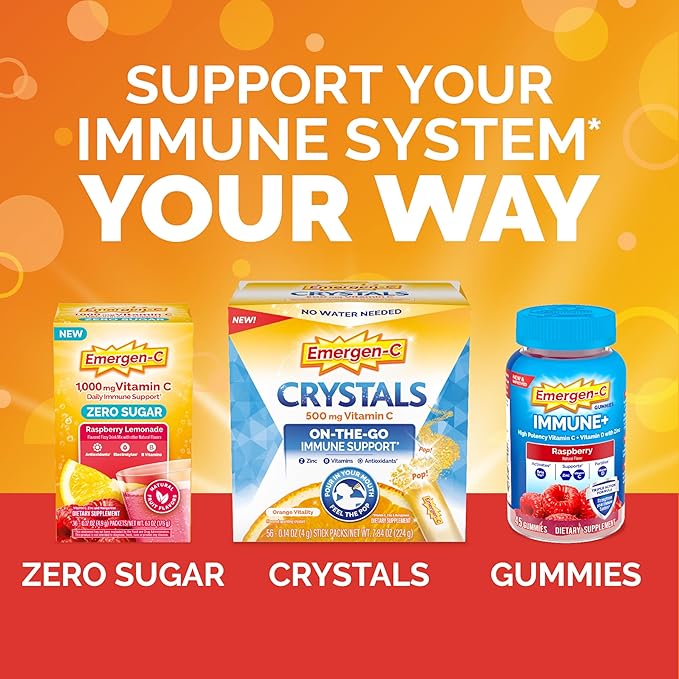 Emergen-C 1000mg Vitamin C Powder, with Antioxidants, B Vitamins and Electrolytes, Supplements for Immune Support, Caffeine Free Fizzy Drink Mix, Raspberry Flavor - 30 Count/1 Month Supply