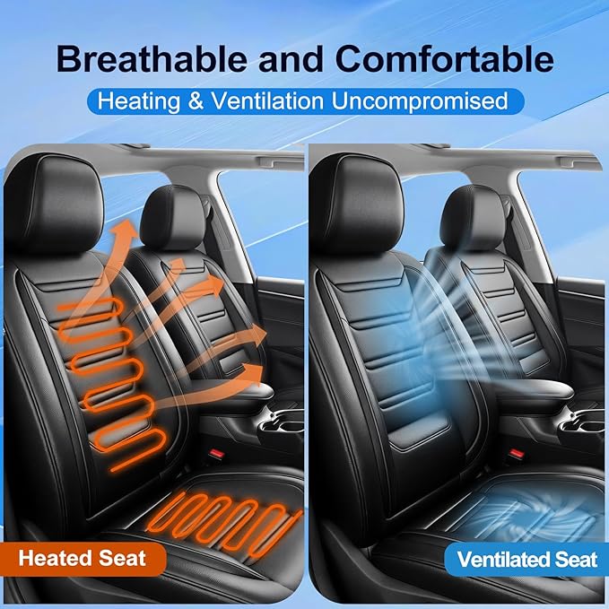 Fit Ridgeline Car Seat Covers (Front Pair) for Select Honda Ridgeline 2007-2026 - Premium Full Coverage Leather, Airbag Compatible, Waterproof & All Weather Seat Cushion Protector, Black