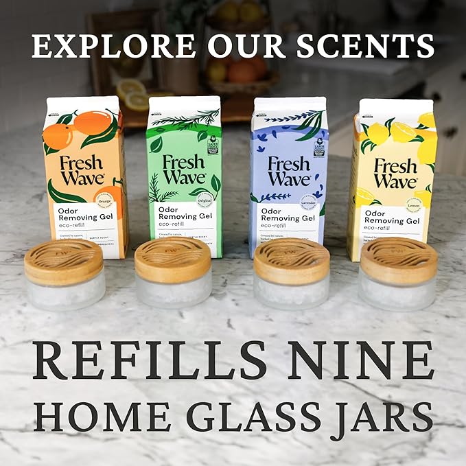 Fresh Wave Odor Removing Gel Eco-Refill, 63 oz. Orange Scent | 4 Empty Refillable Glass Jars | 4 Room Set