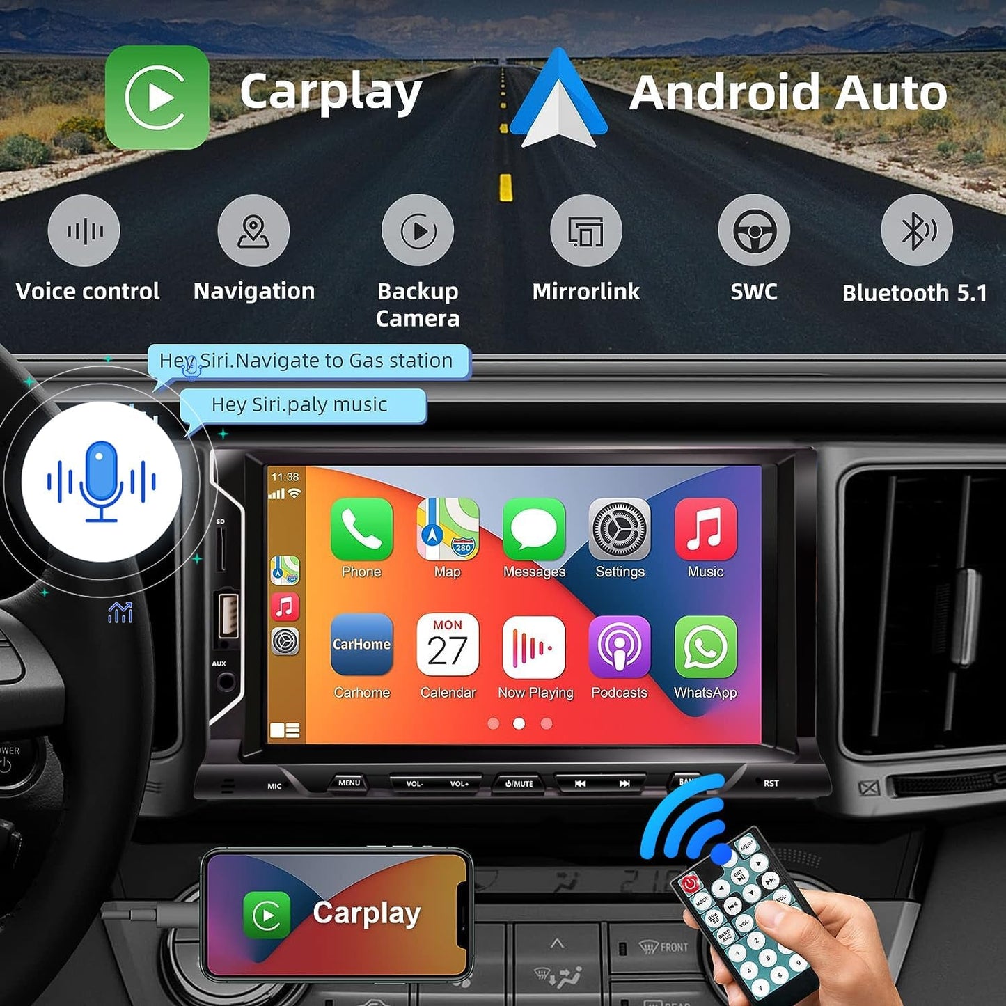 7 Inch Double Din Car Stereo Support Apple CarPlay Android Auto Mirror Link Capacitive Touchscreen Monitor Car Play Radio with Bluetooth 5.0, FM Radio, USB/TF/AUX Port, Backup Camera, Remote Control