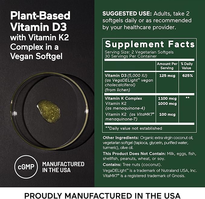 Smarter Nutrition Vegan Vitamin D3 5000 IU + Vitamin K2 1100 mcg with Organic Coconut & Olive Oil - D3 K2 Supplement for Immune Support & Bone Health in a Vegan Softgels - 180 Count [90 Day Supply]