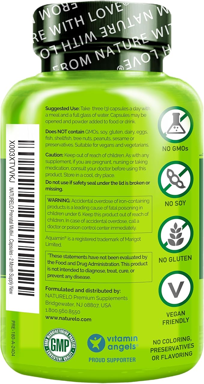 NATURELO Prenatal Multivitamin with Gentle Chelated Iron, Methyl Folate, Plant Calcium & Choline - Vegan, Vegetarian - Non-GMO - Gluten Free - 180 Capsules - 2 Month Supply