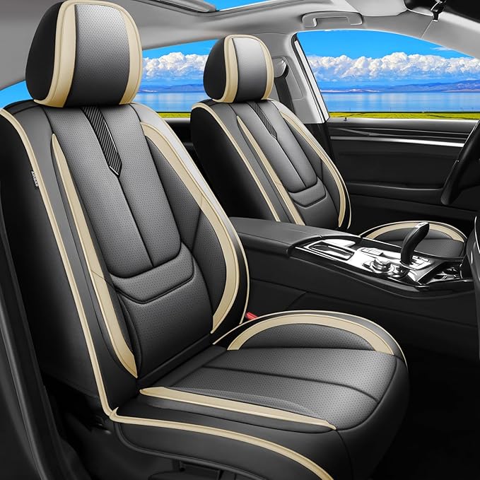 Fit Palisade Car Seat Covers for Hyundai Palisade 2000-2025 2026 -Upgraded Premium Waterproof & Breathable Leather,Airbag Compatible,All-Weather Seat Cushion Protector,Full Set,Black-Beige