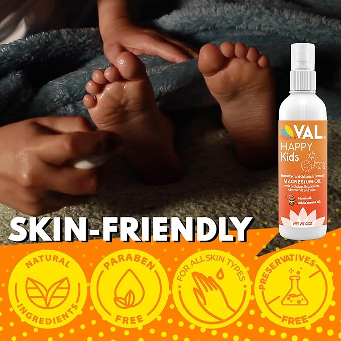 VAL Magnesium Oil Spray for Kids | Relaxation for Daytime & Bedtime | Calm & Mood Support | Zechstein Magnesium Chloride, Chamomile, Aloe & Essential Oils | No Itch, Fast-Absorbing | USA Made | 4oz