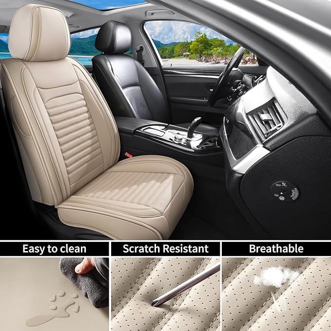 Car Seat Covers Full Set Fit for Toyota C-HR 2018-2022, Premium Faux Leather Car Seat Protector,Breathable Anti-Slip Full Wrapping Edge Seat Covers(Beige,Full Set)
