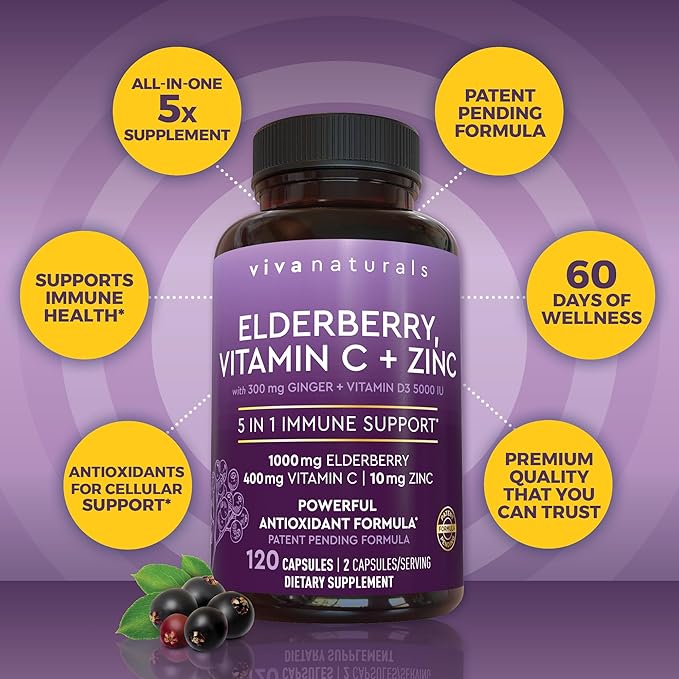 Viva Naturals Elderberry with Vitamin C and Zinc for Adults - 5 in 1 Sambucus Black Elderberry Capsules with Vitamin D3 5000 IU Immunity Supplement, Sambucus Elderberry Immune Support Supplement