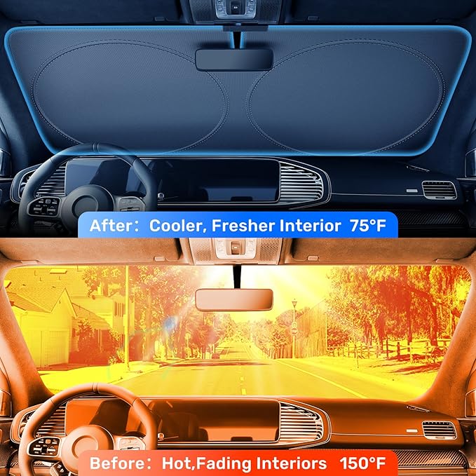 2025 Upgraded Zanch Car Front Windshield Sun Shade - Ultimate UV Protection & Heat Reductionlinnovative No-Light Leakage Technology|Foldable Design for SUV/Small Truck, Large(64" x 34")