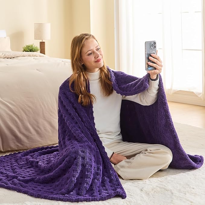 NEWCOSPLAY Super Soft Twin Blanket Purple Premium Silky Flannel Fleece 3D Waffle Checkered Lightweight Bed Blanket All Season Use (Dark Purple, Twin(60"x80"))