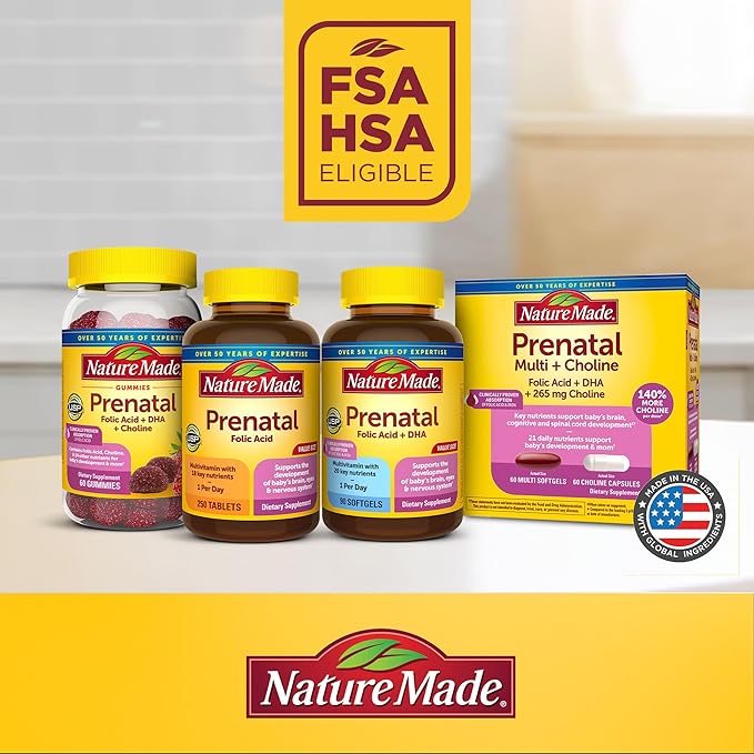 Nature Made Prenatal Multivitamin with Folic Acid, Prenatal Vitamin and Mineral Supplement for Daily Nutritional Support, 250 Tablets, 250 Day Supply