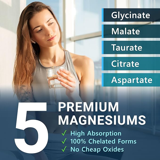 Magnesium 5 Complex - Chelated Magnesium Glycinate, Malate, Citrate, Taurate, & Aspartate for Nerves, Muscles, Bones - 1 Pack