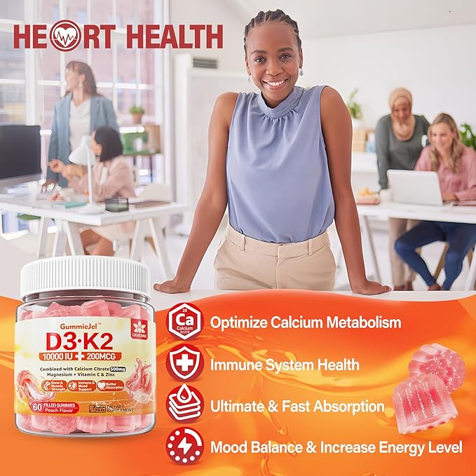 Vitamin D3 K2 Filled Gummies 5000IU / 10,000 IU with 500mg Calcium + K2(MK-7) 200mcg, Magnesium, Vitamin C & Zinc, Extra Strength - Ultimate Absorbency for Bones Muscles Teeth, Vegan -- Pack of 2
