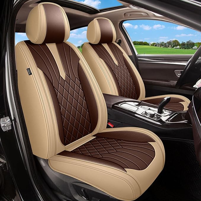Breathable Car Seat Covers for Toyota RAV4 RAV-4 Hybrid 2026 2025 2024 2023 2022 2021 2020 2019 2018 2017 2016 2015 2014 2013, Perforated Leather Full Set for Toyota RAV4 Accessories (Beige&Brown)