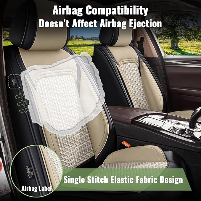 Car Seat Covers Front Seats for Nissan Sentra 2008-2025 2026, Breathable Cooling Ice Silk Leather Car Seat Covers, 2 Seats for Nissan Sentra Accessories (Black&Beige)