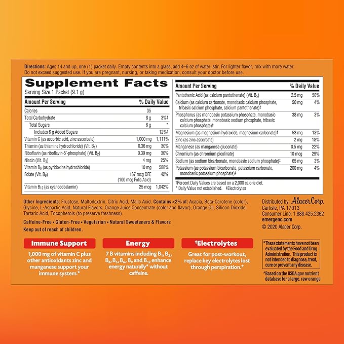Emergen-C 1000mg Vitamin C Powder, with Antioxidants, B Vitamins and Electrolytes, Vitamin C Supplements for Immune Support, Caffeine Free Fizzy Drink Mix, Tangerine Flavor - 30 Count