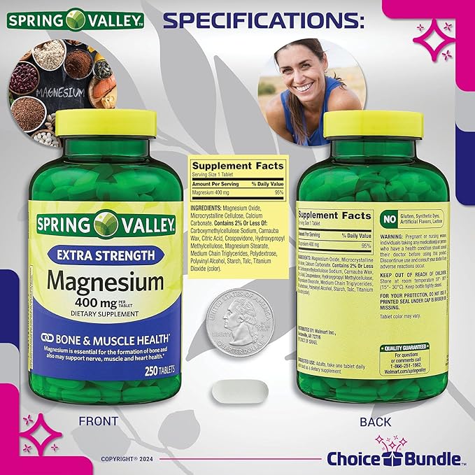 Spring Valley Magnesium Bone & Muscle Health Tablets 400 mg 250 Ct 4 pk (1,000 Total) + “Vitamin Vitality” Guide & Pill Container (6 Items)!