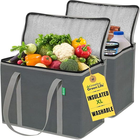 Creative Green Life XL Insulated Reusable Grocery Bags (2-Pack) - Premium Quality Cooler Bags with Hard Bottom Insert, Stands Upright, Washable