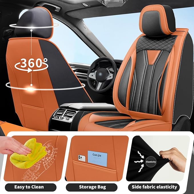 Fit Tucson Car Seat Covers Premium Leather for Hyundai Tucson 2010-2025 2026. Waterproof， Breathable, Scratch-Resistant & All-Weather Seat Cushion Protector (Front Seat, Orange&Black)