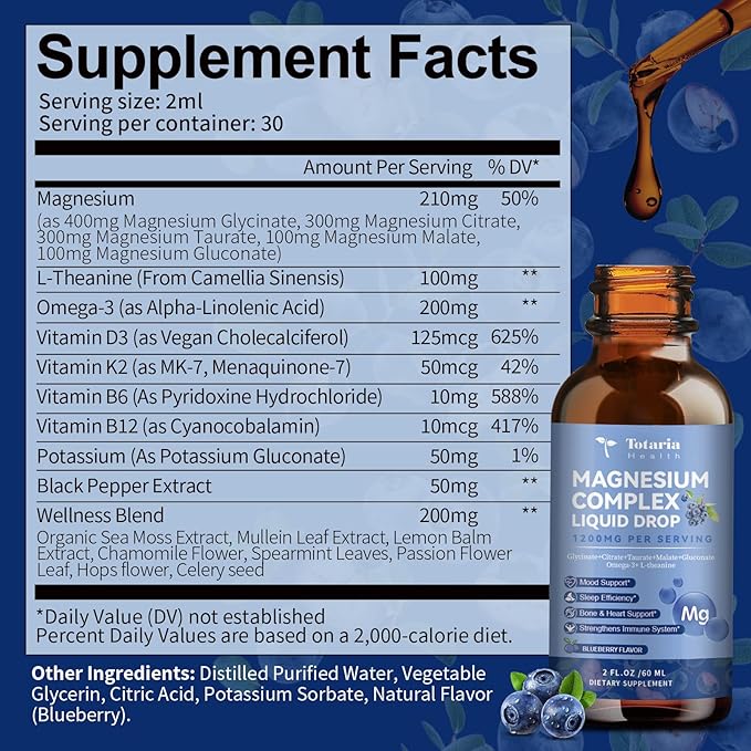 Magnesium Glycinate Liquid Drop 21 in 1 Magnesium Complex with Vitamin D3,K2,B6 & B12 Plus L-Theanine Omega-3 Sea Moss Extract for Energy,Sleep,Joint,Heart Health Sugar Free 2 Fl Oz （Pack of 2）