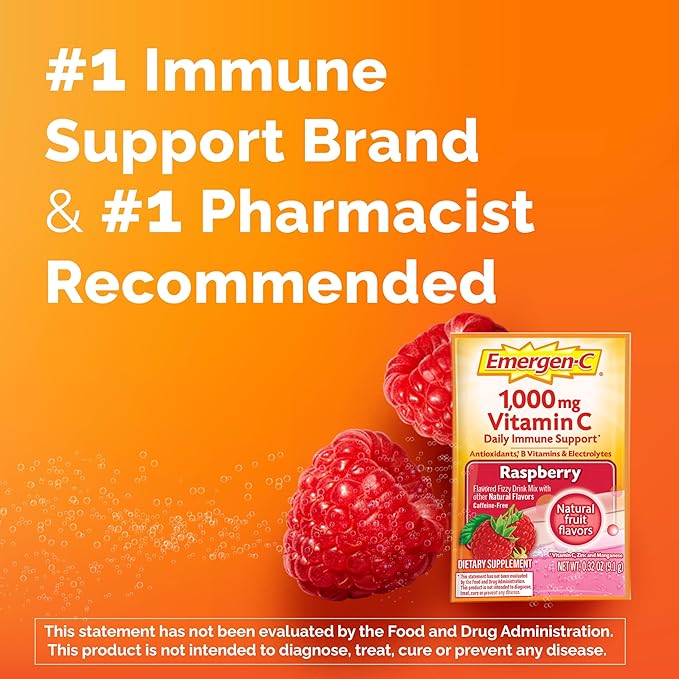 Emergen-C 1000mg Vitamin C Powder, with Antioxidants, B Vitamins and Electrolytes, Supplements for Immune Support, Caffeine Free Fizzy Drink Mix, Raspberry Flavor - 30 Count/1 Month Supply