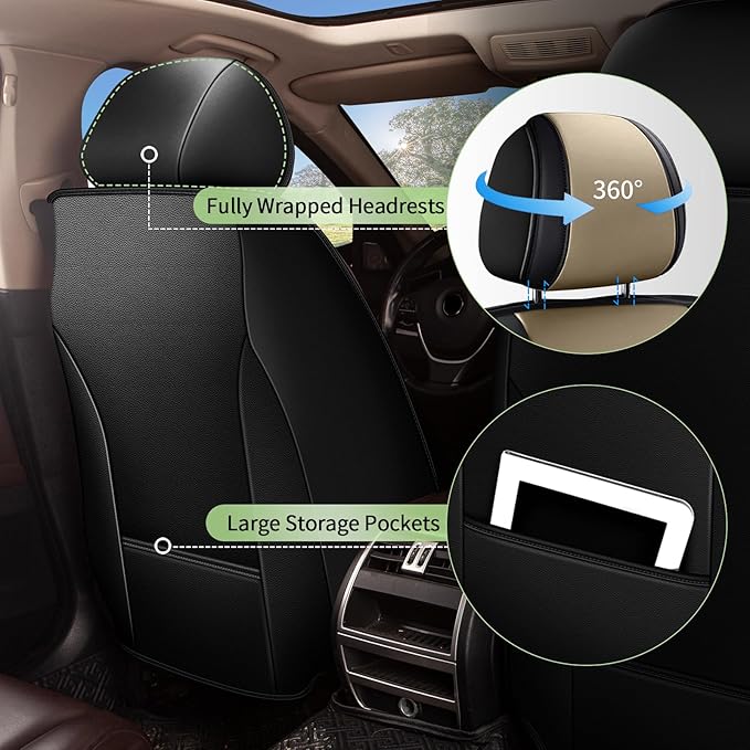 Car Seat Covers Front Seats for Toyota Avalon 2001-2025 2026 - Breathable Cooling Ice Silk Leather Seat Cover - 2 Seats for Toyota Avalon Accessories (Black&Beige)