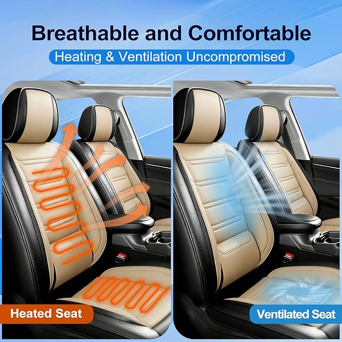 Fit RAV4 Car Seat Covers for Select Toyota RAV 4 2013-2026/RAV4 Hybrid - Premium Full Coverage Leather, Airbag Compatible, Waterproof & All Weather Seat Protector, Front Pair Black+Beige