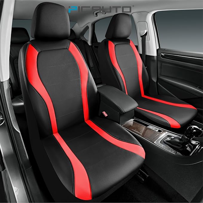 PIC AUTO Leather Car Seat Covers, Premium Automotive Waterproof Front & Rear Full Set Bucket Car Seat Protectors, Black and Red PVC Patchwork, Fits for Cars, Trucks, Van, SUV, Airbag Compatible