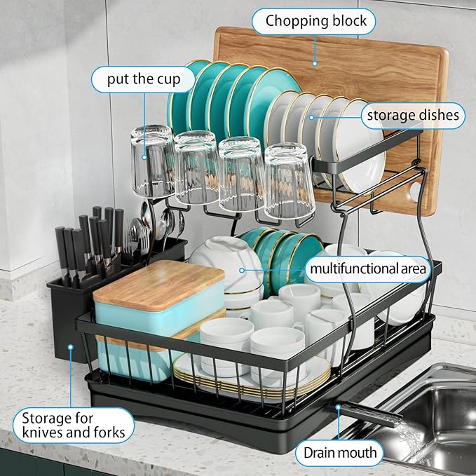 7 code Large Dish Drying Rack for Kitchen Counter, Detachable Large Capacity Dish Drainer Organizer, 2-Tier Dish Racks with Utensil Holder, Black