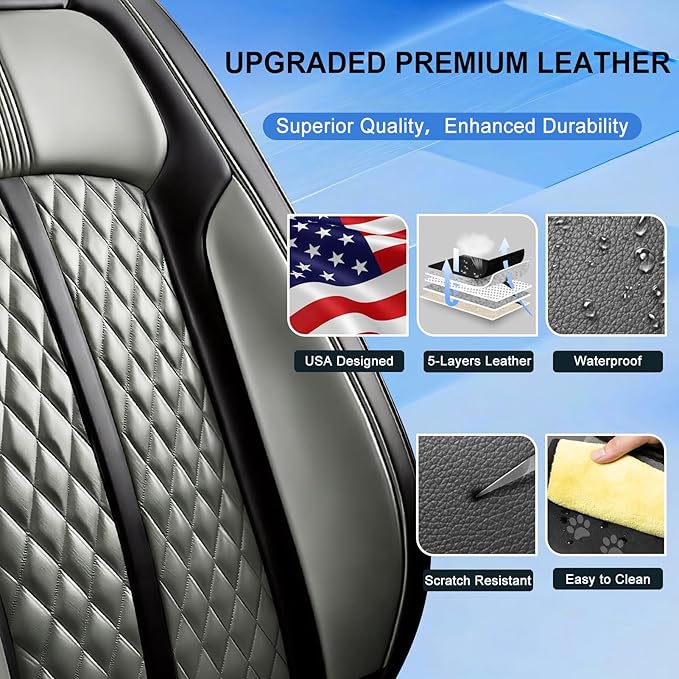 Fit RAV4 Car Seat Covers for Select Toyota RAV 4 2013-2026/RAV4 Hybrid - Premium Full Coverage Leather, Waterproof & All Weather Seat Cushion Protector, Front Pair Black+Gray