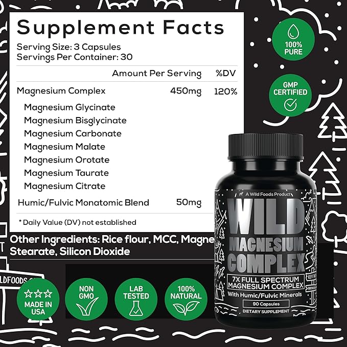 Wild Foods Magnesium Complex Supplement with 7X Forms | High Absorption, Full Spectrum, Easy Digestion | 500mg Glycinate, Bisglycinate, Malate, Orotate, Citrate, Taurate | 90 Capsule (Pack of 3)