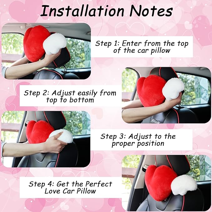 2 Pack Heart Shaped Cute Car Headrest Pillow with Angel Wings - Comfortable Soft Head Rest Cushion Kawaii Car Accessories Neck Pillow for Driving Travelling Office Home Decor - Lavender Love Heart