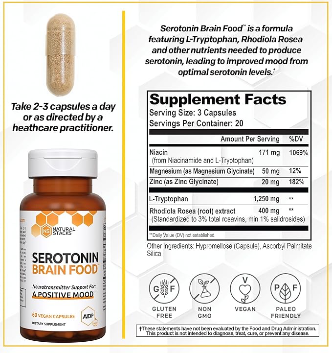 NATURAL STACKS Serotonin & GABA Brain Food Bundle - Promotes a Positive Mood & Calmness* - 120 Capsules