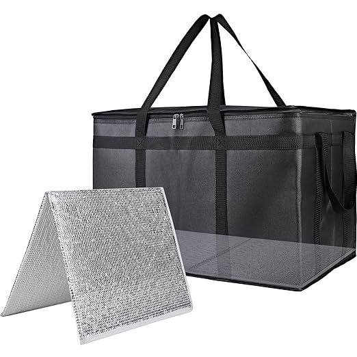 Bodaon 1PK Thermal Insulated Food Delivery Bag with Hard Bottom - 3X-Large Catering Cooler Bag for Hot and Cold Meals - Ideal for Commercial Pizza Transport, Grocery, Restaurants, and Events. Black
