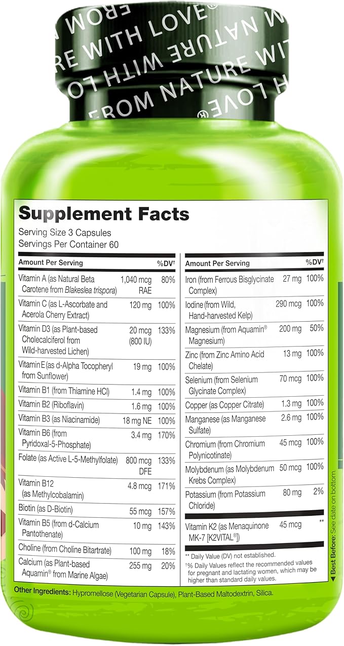 NATURELO Prenatal Multivitamin with Gentle Chelated Iron, Methyl Folate, Plant Calcium & Choline - Vegan, Vegetarian - Non-GMO - Gluten Free - 180 Capsules - 2 Month Supply