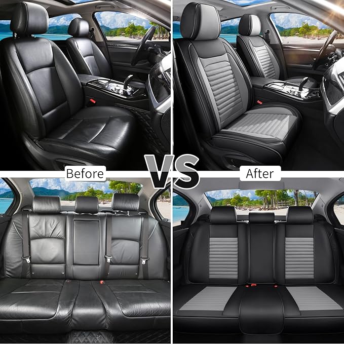 Car Seat Covers Full Set Fit for Toyota RAV4 2001-2026, Premium Faux Leather Car Seat Protector,Breathable Anti-Slip Full Wrapping Edge Seat Covers(Black&Gray,Full Set)