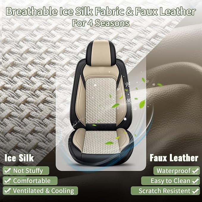 Car Seat Covers Front Seats for Acura TSX 2009-2014, Breathable Cooling Ice Silk Leather Car Seat Covers, 2 Seats Vehicle Seat Protector Seat Cushion Auto Accessories (Black&Beige)