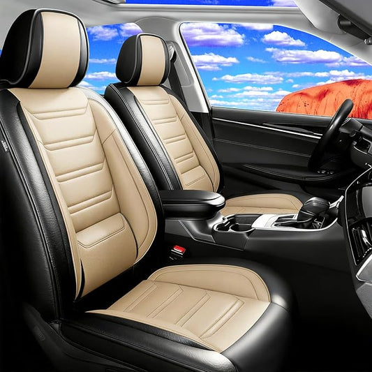 Fit RAV4 Car Seat Covers for Select Toyota RAV 4 2013-2026/RAV4 Hybrid - Premium Full Coverage Leather, Airbag Compatible, Waterproof & All Weather Seat Protector, Front Pair Black+Beige