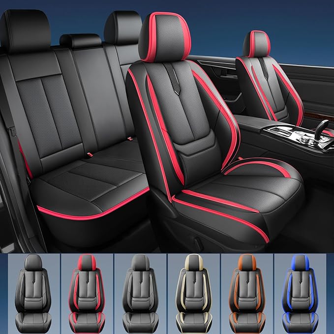 Fit Camry Car Seat Covers for Toyota Camry 2012-2024 2025 2026 -Upgraded Premium Waterproof & Breathable Leather,Airbag Compatible,All-Weather Seat Cushion Protector,Full Set,Black-Red