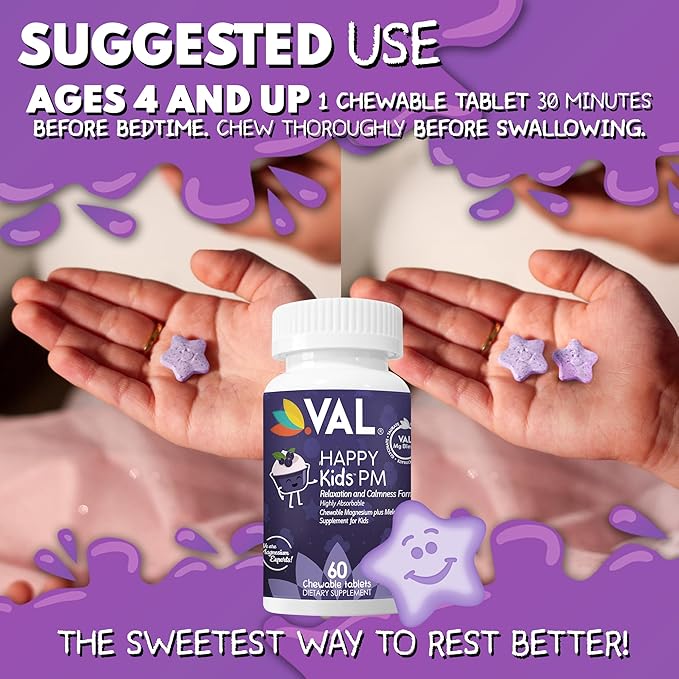 VAL Sugar-Free Calm Magnesium for Kids PM Chewable Tablets | Magnesium Glycinate, Citrate & Taurate | Melatonin & Vitamins B6 & C | Bedtime Support | Non-GMO | Blueberry Yogurt Flavor | 60 Count