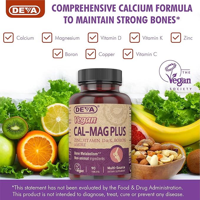 DEVA Vegan Cal MAG Plus Supplement with Calcium, Magnesium, Zinc, Boron, Vitamin C, D & K, 90 Tablets, 12-Pack