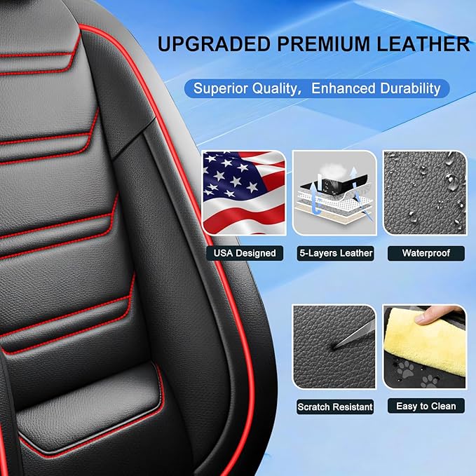 Fit RAV4 Car Seat Covers for Select Toyota RAV 4 2013-2026 /RAV4 Hybrid - Premium Full Coverage Leather, Waterproof & All Weather Seat Cushion Protector, Full Set, Black with Red Trim
